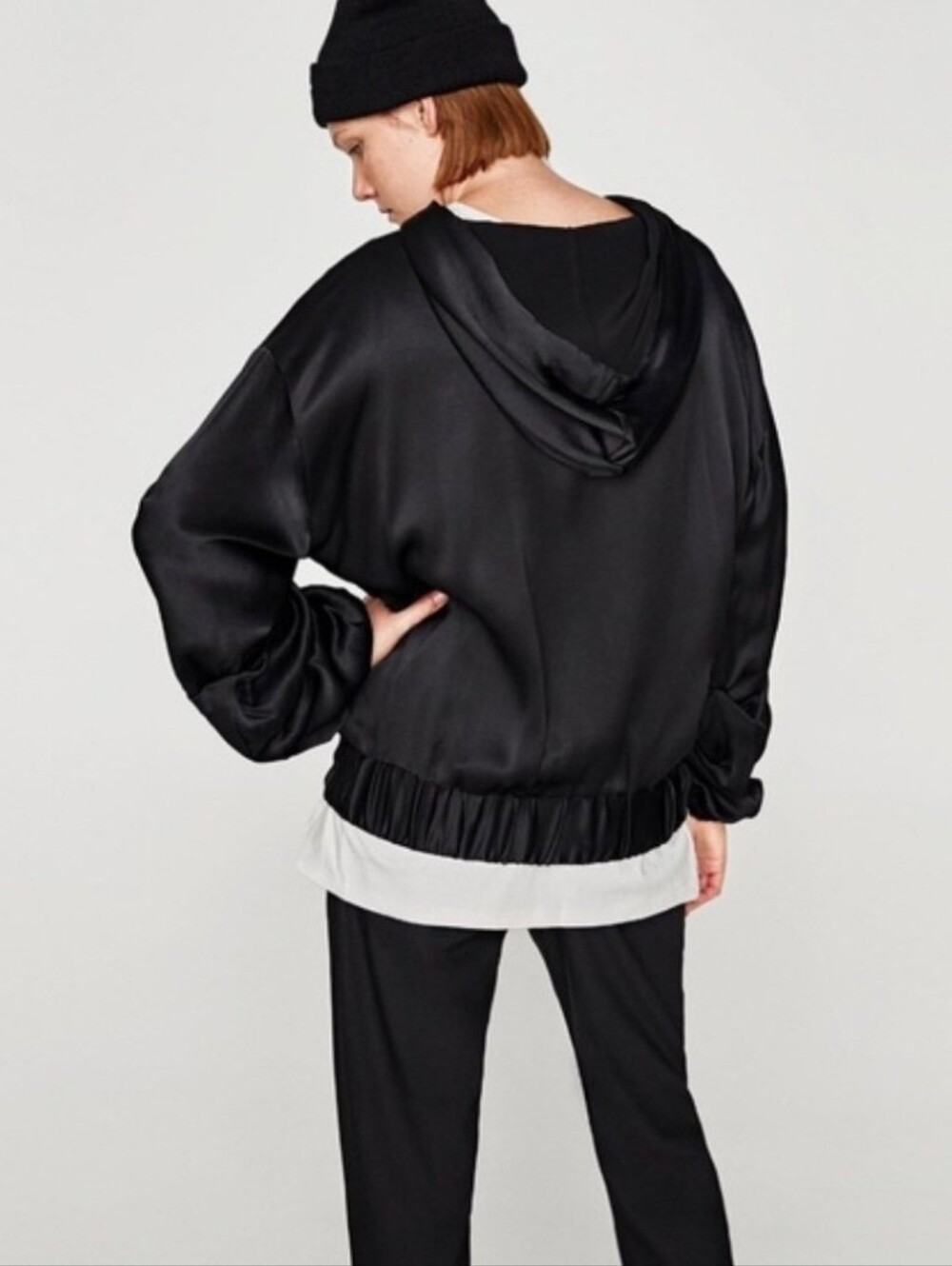 Zara Women's Black Satin Pullover Long Sleeve Hoodie |  Size US Medium - Picture 2 of 4